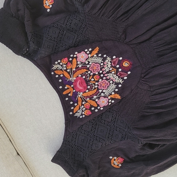 Free People Mohave Boho Embroidered Long Sleeve Flowy Black Mini Dress Small - Picture 3 of 5